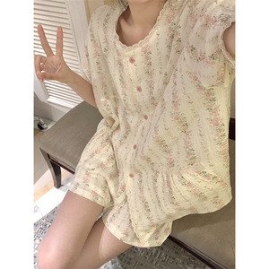 韩系温柔风双层纱睡衣夏季女2024新款简约舒适花边睡裙家居服套装