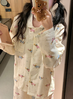 卡通小狗翻领棉纱睡衣女春秋季甜美可爱双层纱长袖开衫家居服套装