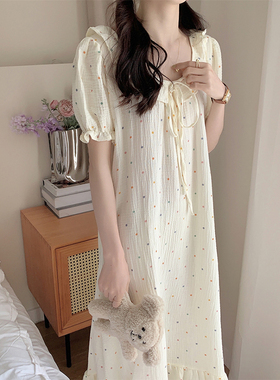 韩版简约圆点棉麻睡裙女款夏季2024新款休闲舒适短袖连衣裙家居服