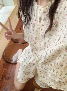 卡通兔子可爱棉麻睡衣女款2025新款夏季纱布薄款短袖家居服两件套