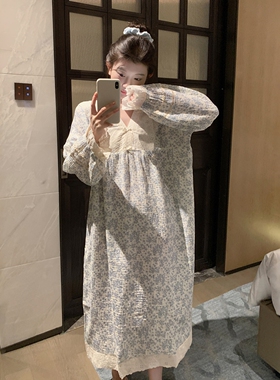 田园风甜美蕾丝花边v领棉纱睡裙女夏季印花长袖宽松连衣裙家居服