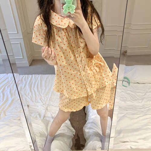 可爱波点甜美娃娃领棉纱睡衣女