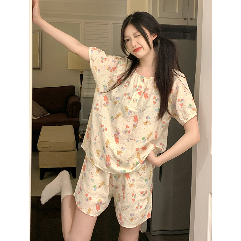 夏天气球小熊派对双层棉纱睡衣女夏季2026新款圆领短袖长裤家居服图片