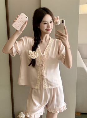 公主风甜美花边冰丝睡衣女夏季纯欲少女短袖宽松凉感两件套家居服