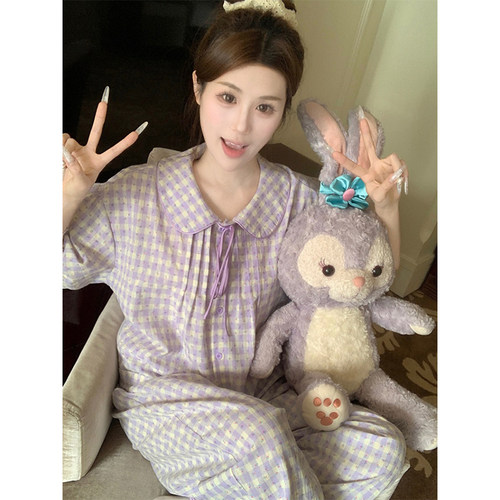 小碎花格纹棉麻睡衣女款夏季