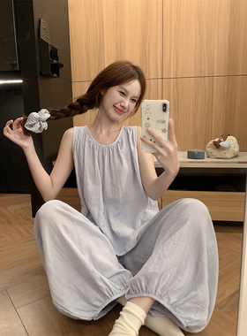 烟波蓝简约舒适纯棉纱布睡衣女夏季背心长裤可外穿吊带家居服套装