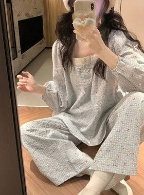 韩系格子小碎花棉麻睡衣女春秋季2025新款休闲花边长袖套装家居服