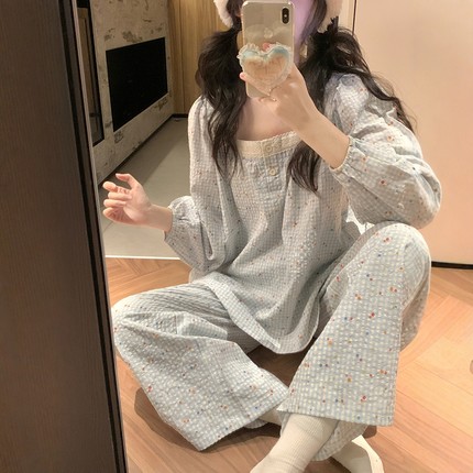 韩系格子小碎花棉麻睡衣女春秋季2025新款休闲花边长袖套装家居服