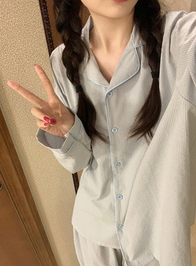 韩版简约休闲条纹棉麻睡衣女春秋季舒适翻领开衫可外穿家居服套装