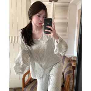 甜美小碎花蕾丝边莫代尔睡衣女春秋季长袖长裤宽松开衫家居服套装