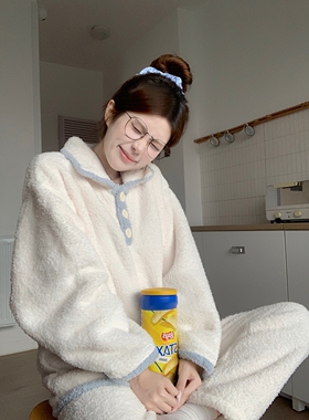 少女可爱翻领珊瑚绒睡衣女冬季2025新款加厚保暖家居服可外穿套装