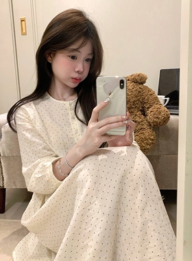 甜美简约小波点棉纱睡裙女春秋季婴儿棉舒适长袖宽松可外穿家居服