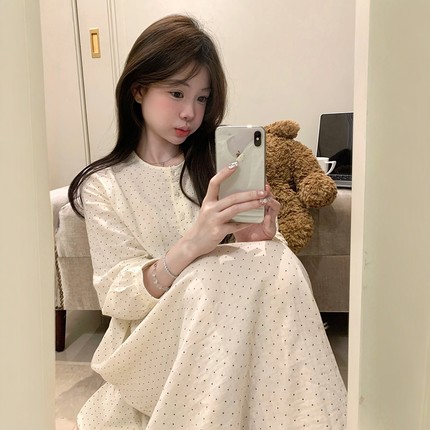 甜美简约小波点棉纱睡裙女春秋季婴儿棉舒适长袖宽松可外穿家居服