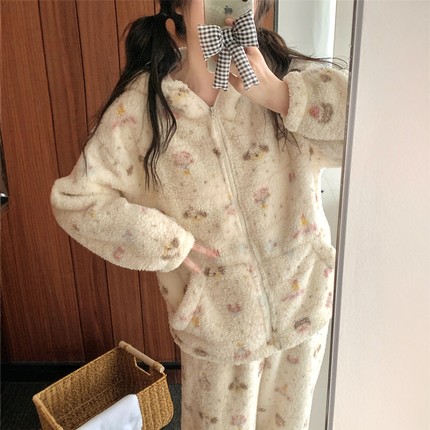 甜美可爱珊瑚绒睡衣女冬季保暖长袖拉链开衫加绒加厚可外穿家居服