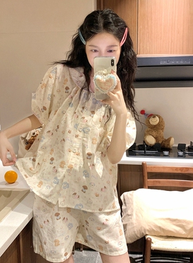 卡通可爱娃娃领棉纱睡衣女款夏2025新款甜美翻领短袖可外穿家居服