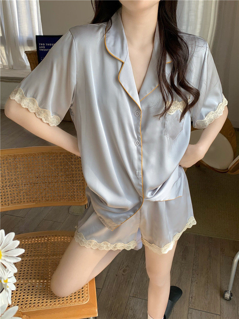 高级雾霾蓝睡衣女夏款2025新款冰丝仿真丝短袖薄款家居服套装