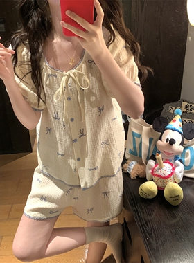 韩系蝴蝶结简约舒适棉纱布睡衣夏季女短袖短裤宽松开衫家居服套装