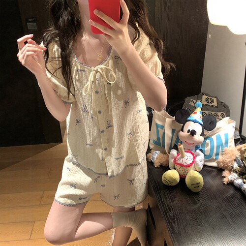 蝴蝶结简约舒适棉纱布睡衣夏季