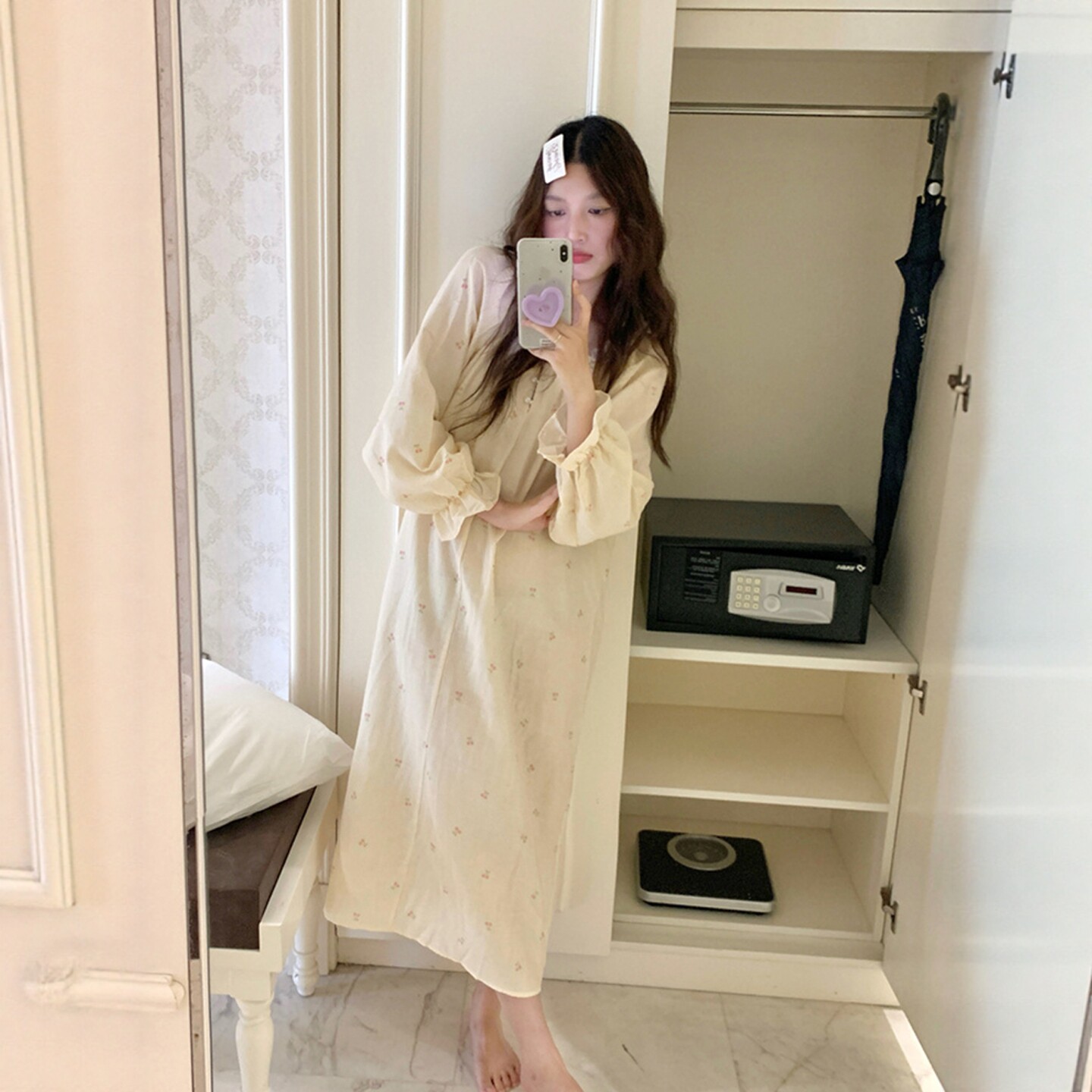 条纹小樱桃长袖睡裙女春秋款图片