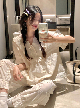 法式花朵刺绣全棉睡衣女春秋季2024新款简约短袖长裤家居服两件套