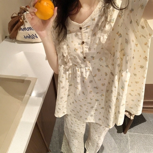 甜美小碎花双层棉纱睡衣女款夏季蕾丝v领宽松短袖长裤家居服套装