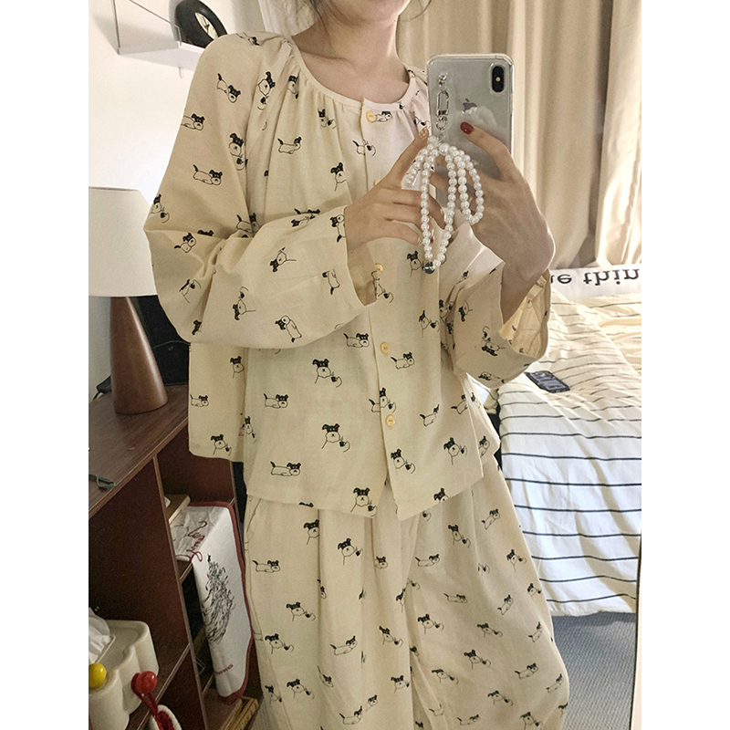 可爱咖啡小狗印花家居服