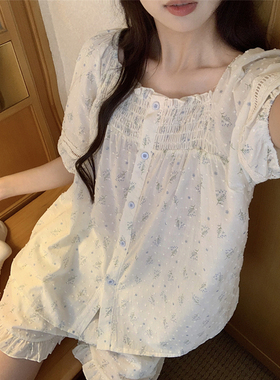 甜美方领小清新碎花睡衣女款夏季2025新款短袖短裤宽松家居服套装
