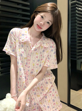甜美粉色小熊棉纱睡衣女款夏季可爱花边开衫短袖短裤两件套家居服