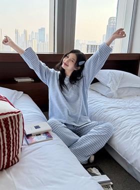 韩系条纹德绒睡衣女秋冬季油墨彩色点点保暖加厚长袖可外穿家居服