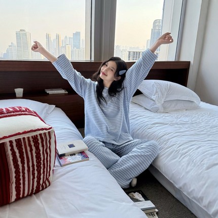 韩系条纹德绒睡衣女秋冬季油墨彩色点点保暖加厚长袖可外穿家居服