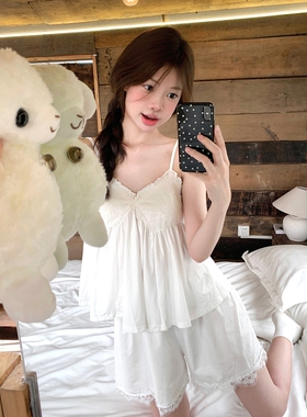 甜美公主风v领吊带睡衣女款夏季蕾丝边背心短裤可外穿家居服套装