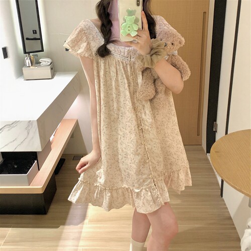 复古碎花小飞袖纯棉纱睡裙女