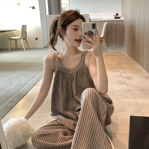 韩版条纹棉纱吊带睡衣女款夏