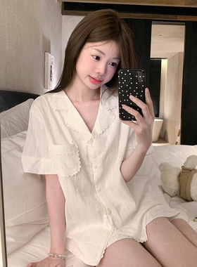 复古少女蕾丝花边全棉睡衣女款2025新款夏季简约短袖两件套家居服