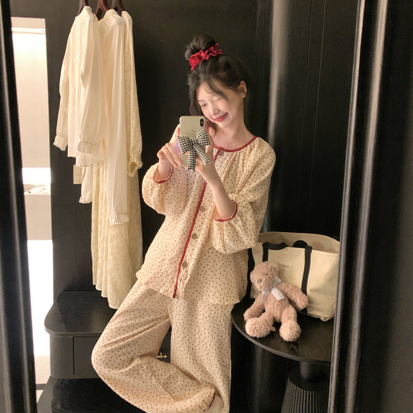 小玫瑰纯棉纱长袖睡衣女春秋款图片