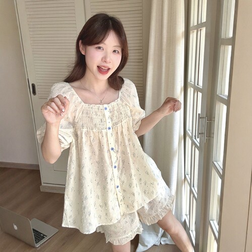 甜美碎花方领睡衣女款夏季