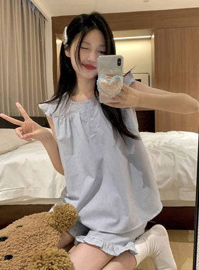 夏天韩版小飞袖背心睡衣女夏季可爱简约吊带短裤宽松家居服两件套