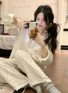 甜美碎花棉麻睡衣女春秋季新款宽松可爱印花长袖宽松家居服两件套