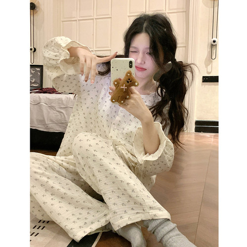甜美碎花棉麻睡衣女春秋季