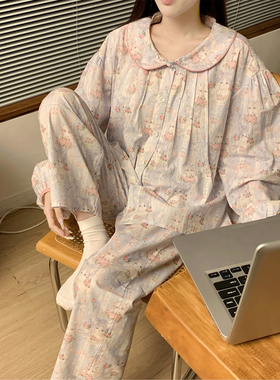 韩版少女全棉睡衣女春秋季2024新款甜美猫咪印花长袖家居服两件套