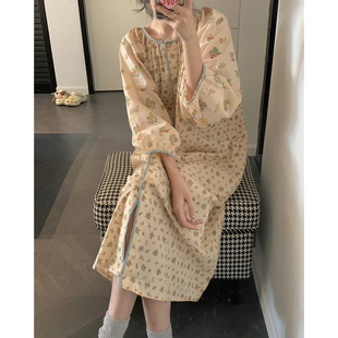 韩版甜美全棉印花撞色睡裙女春秋季新款蕾丝宽松可外穿家居服套装