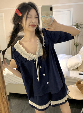复古宫廷风蕾丝领全棉睡衣女款夏季甜美宽松短袖短裤家居服两件套