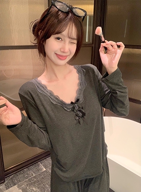 韩系莫代尔蕾丝边保暖睡衣女秋冬季长袖带胸垫舒适V领家居服套装