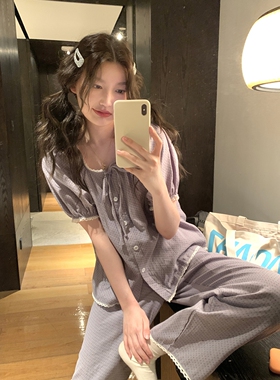 韩系小碎花双层纱布舒适睡衣夏季女短袖长裤休闲套装可外穿家居服