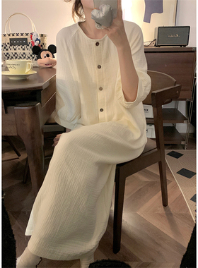 韩系温柔风甜美双层纱长袖睡裙女士春秋季2025新款棉麻宽松家居服