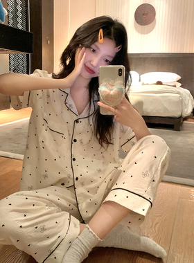 韩版简约爱心睡衣女夏季2024新款少女蝴蝶结短袖长裤家居服两件套