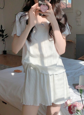 韩版休闲蕾丝花边针织睡衣女款夏季2025新款甜美短袖薄家居服套装
