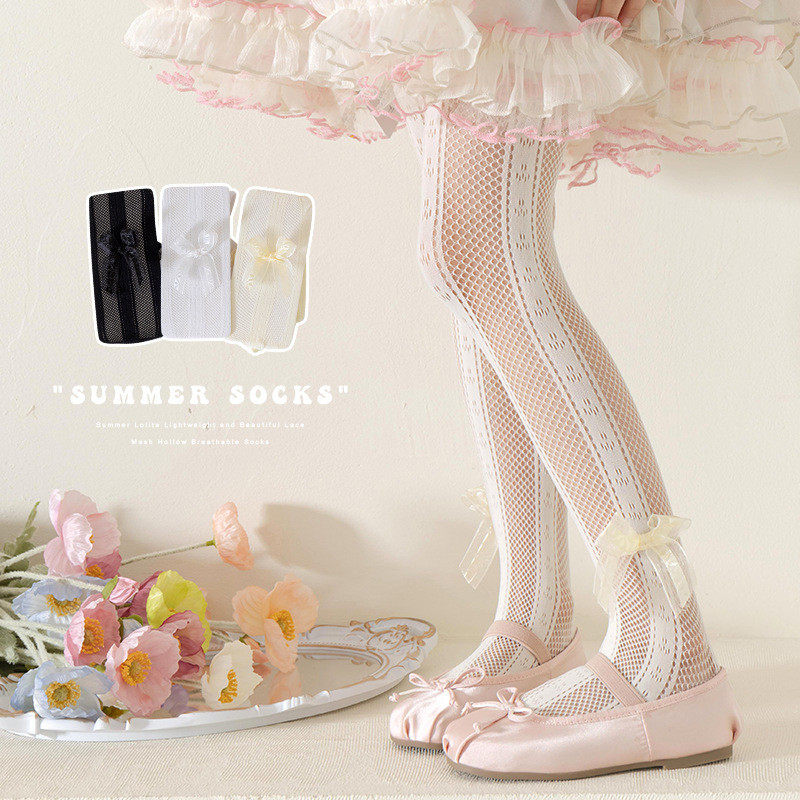 女童春夏薄款可爱洛丽塔白色蝴蝶结侧边镂空打底连裤袜