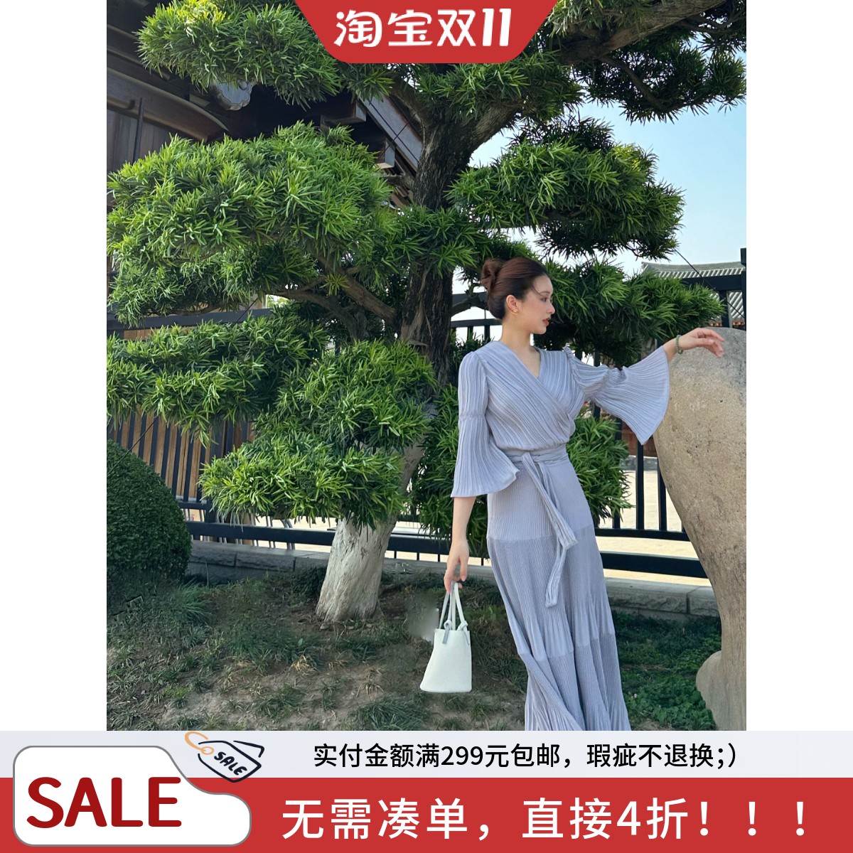 清冷三宅风！独家姐姐们的手工褶皱收腰连衣裙含腰带