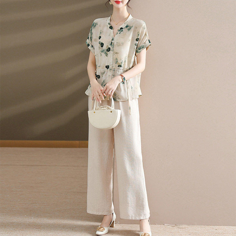 欧根纱拼接短袖衬衫棉麻阔腿裤套装女夏上衣七分裤两件套优雅风